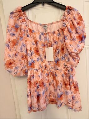 Polygram Floral Puff Sleeve Peplum Top - Peach & Lavender 1X